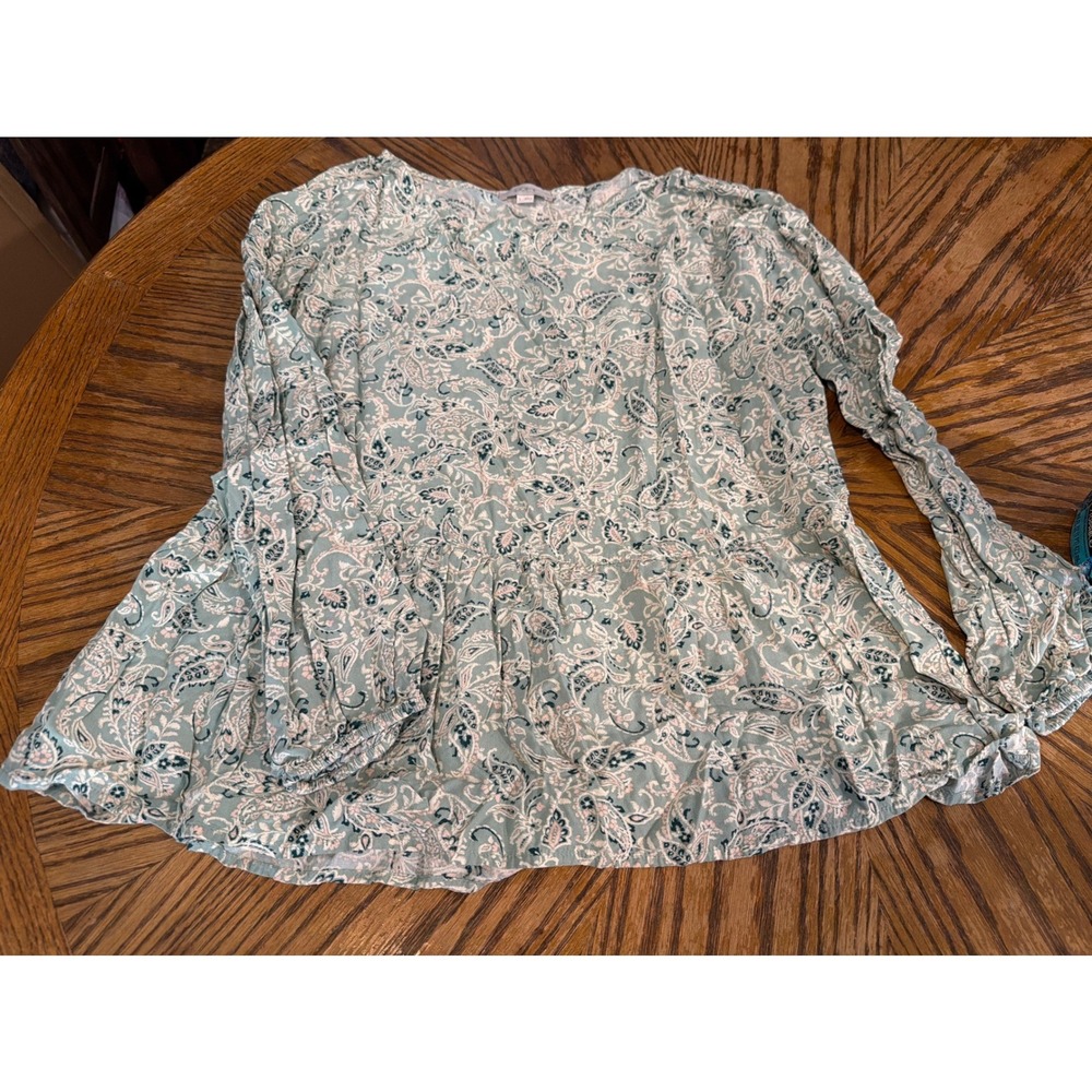 Loft Outlet Womens Large Mint Green Paisley Peplum Long‎ Sleeve Rayon Blouse